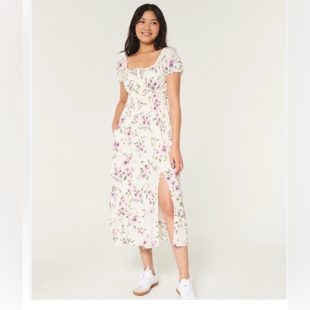 Hollister Saidie Short Sleeve Tie Back Midi Dress Floral Medium Petite